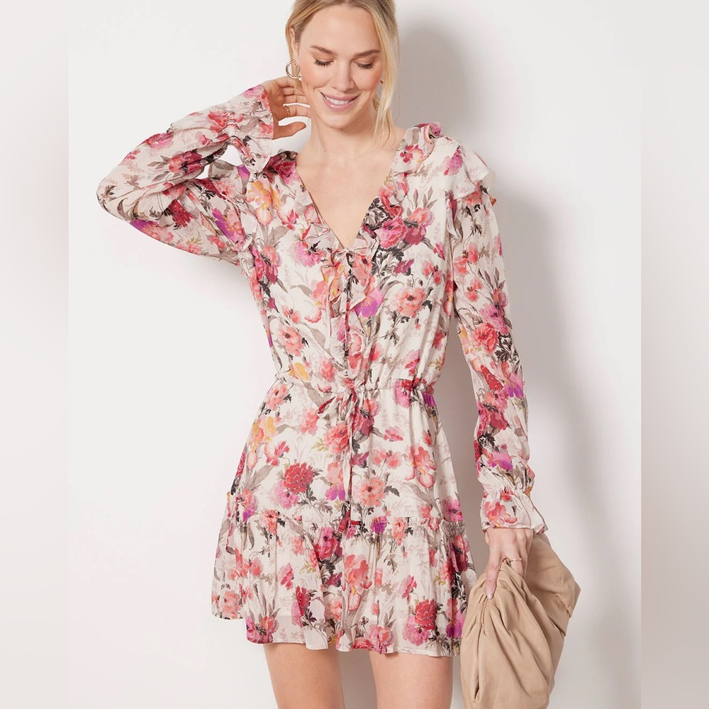 Garcelle PAIGE dress un cream pink Floral Ruffle Dress with Tie Waist size Small